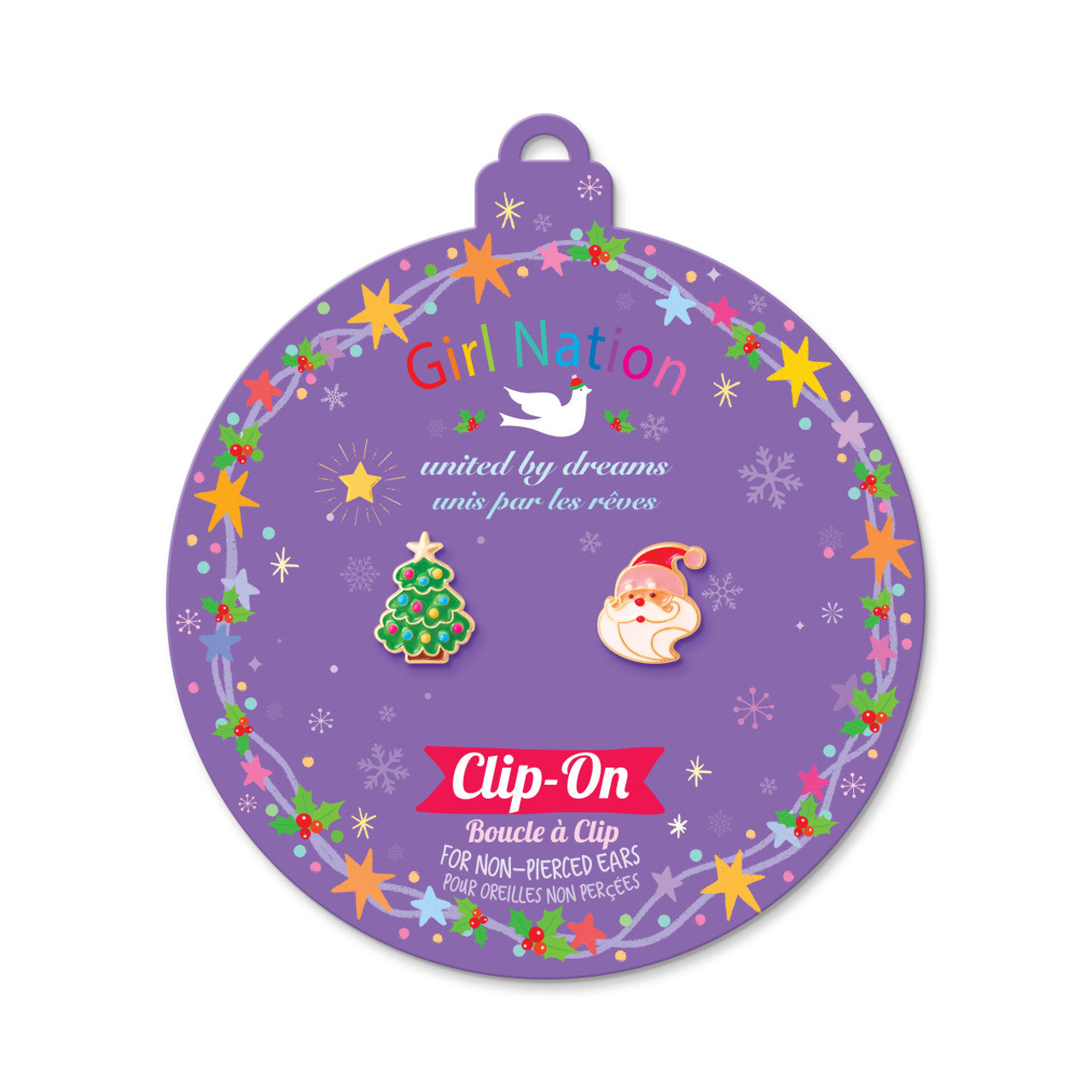 Festive Merry & Bright clip-on earring set for kids, featuring two pairs of secure and hypoallergenic non-pierced earrings.