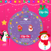 Detailed shot of the winter-themed set and the pain-free clip back, offering a safe jewelry choice for young children.