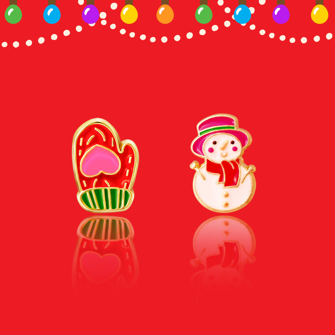 Detailed shot of the winter-themed set and the pain-free clip back, offering a safe jewelry choice for young children.