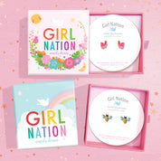 Girl Nation Canada jewelry gift box packaging for kids' 18K gold plated pink bow huggie earrings