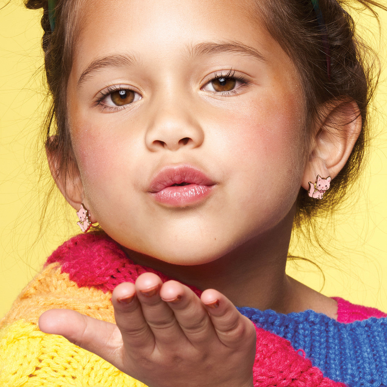 Adorable Pink Kitty clip-on earrings for girls, made with tarnish-resistant and skin-safe materials. A sweet and hypoallergenic gift-ready option for sensitive ears