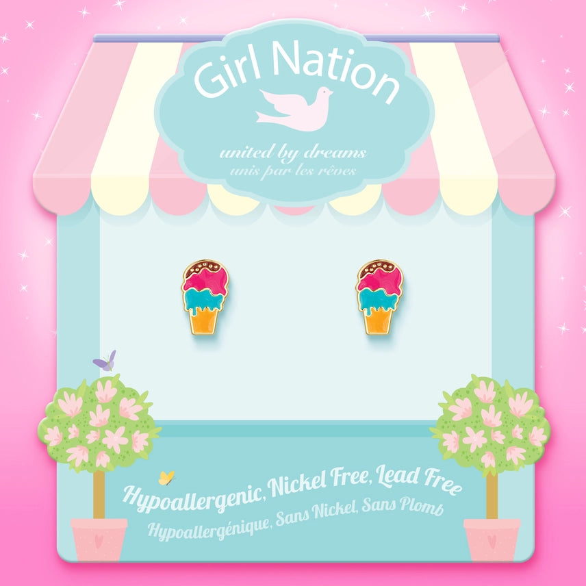 The perfect birthday gift or Easter basket stuffer for a granddaughter: cute Triple Scoop ice cream stud earrings. Safe, hypoallergenic jewelry for young