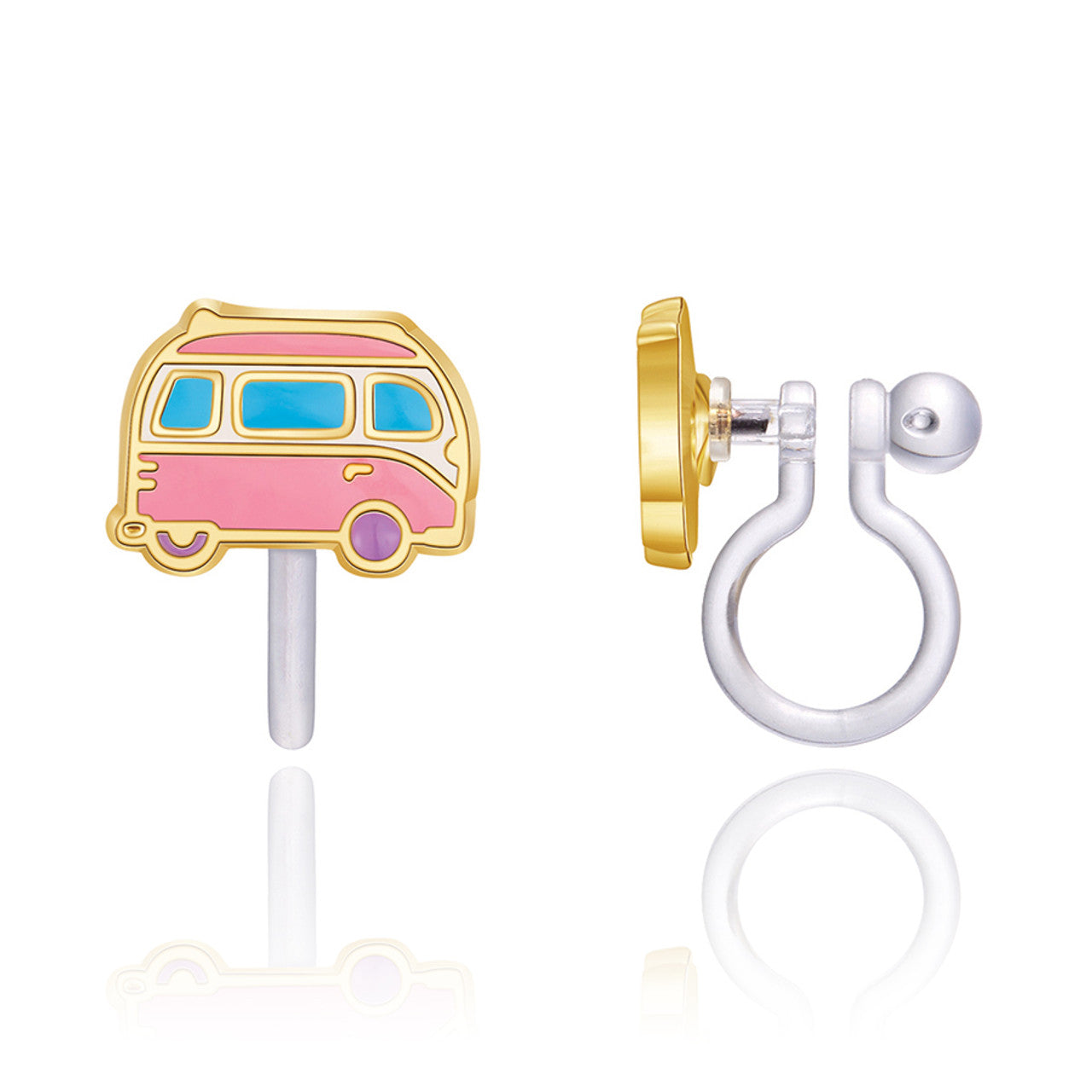 Adventurous Happy Camper clip-on earrings for children, made with tarnish-resistant and hypoallergenic materials for safe wear.