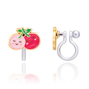 Adorable Red Cherry clip-on earrings for kids, featuring a secure and pain-free clip mechanism. A perfect gift-ready jewelry piece for sensitive ears.