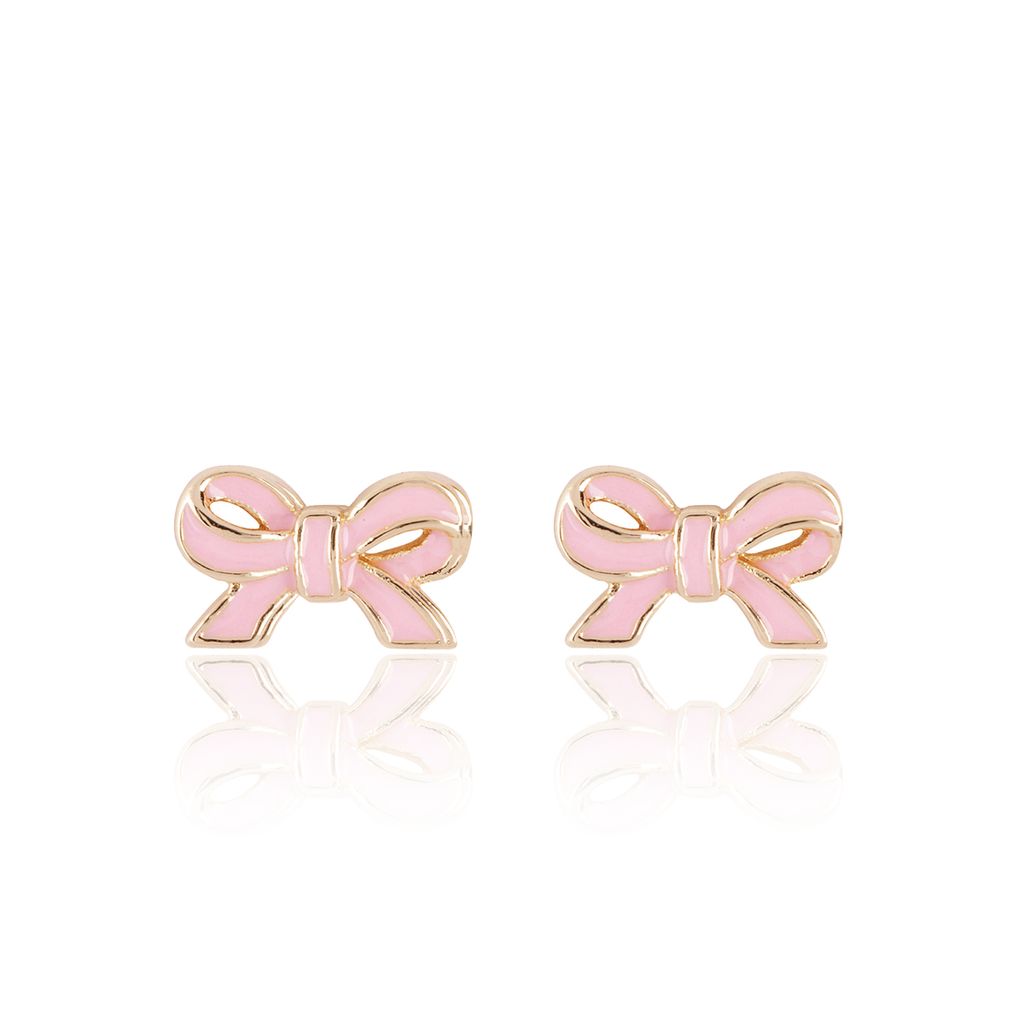 Hand-painted Pretty Pink Bow enamel stud earrings for girls by Girl Nation Canada. Featuring 316L surgical steel posts for sensitive skin, these earrings are hypoallergenic and nickel-free to ensure a safe wearing experience for kids.