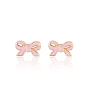 Hand-painted Pretty Pink Bow enamel stud earrings for girls by Girl Nation Canada. Featuring 316L surgical steel posts for sensitive skin, these earrings are hypoallergenic and nickel-free to ensure a safe wearing experience for kids.