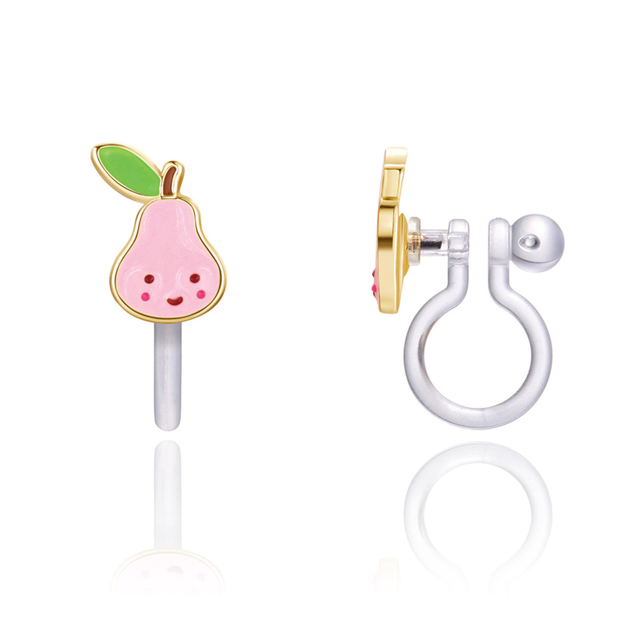 Sweet Pink Pear clip-on earrings for kids, made with tarnish-resistant and nickel-free materials. A delightful gift-ready jewelry piece for girls with sensitive ears.