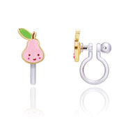 Sweet Pink Pear clip-on earrings for kids, made with tarnish-resistant and nickel-free materials. A delightful gift-ready jewelry piece for girls with sensitive ears.