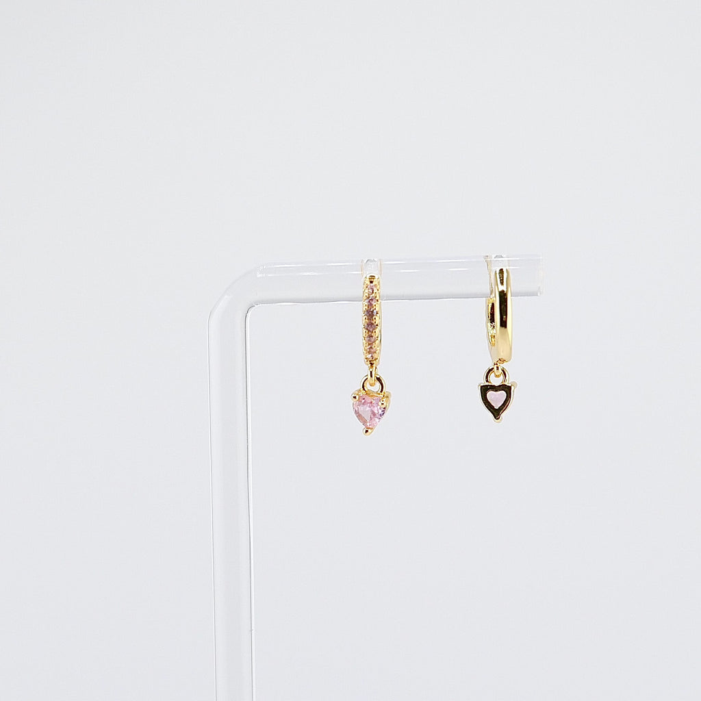 18K gold plated pink heart charm huggie earrings rotating on display, video