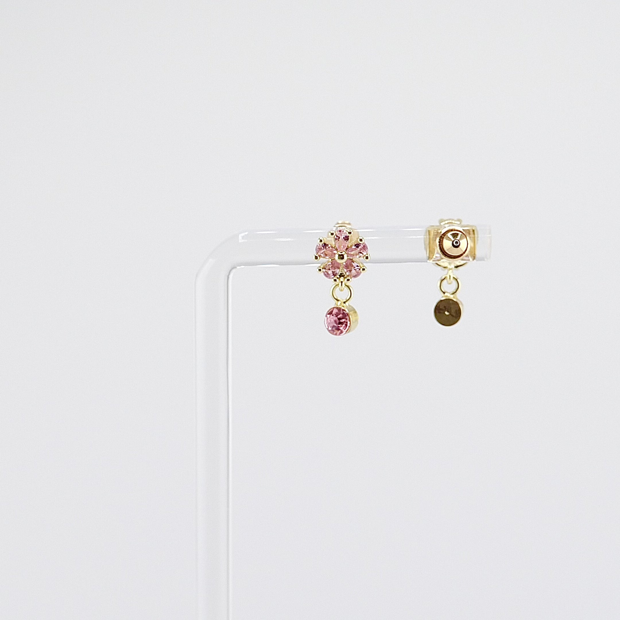 Kids Dangle Stud Earrings | Pink Flower with Pink CZ