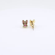 French Bulldog stud earrings with pink bow tie rotating on display, video