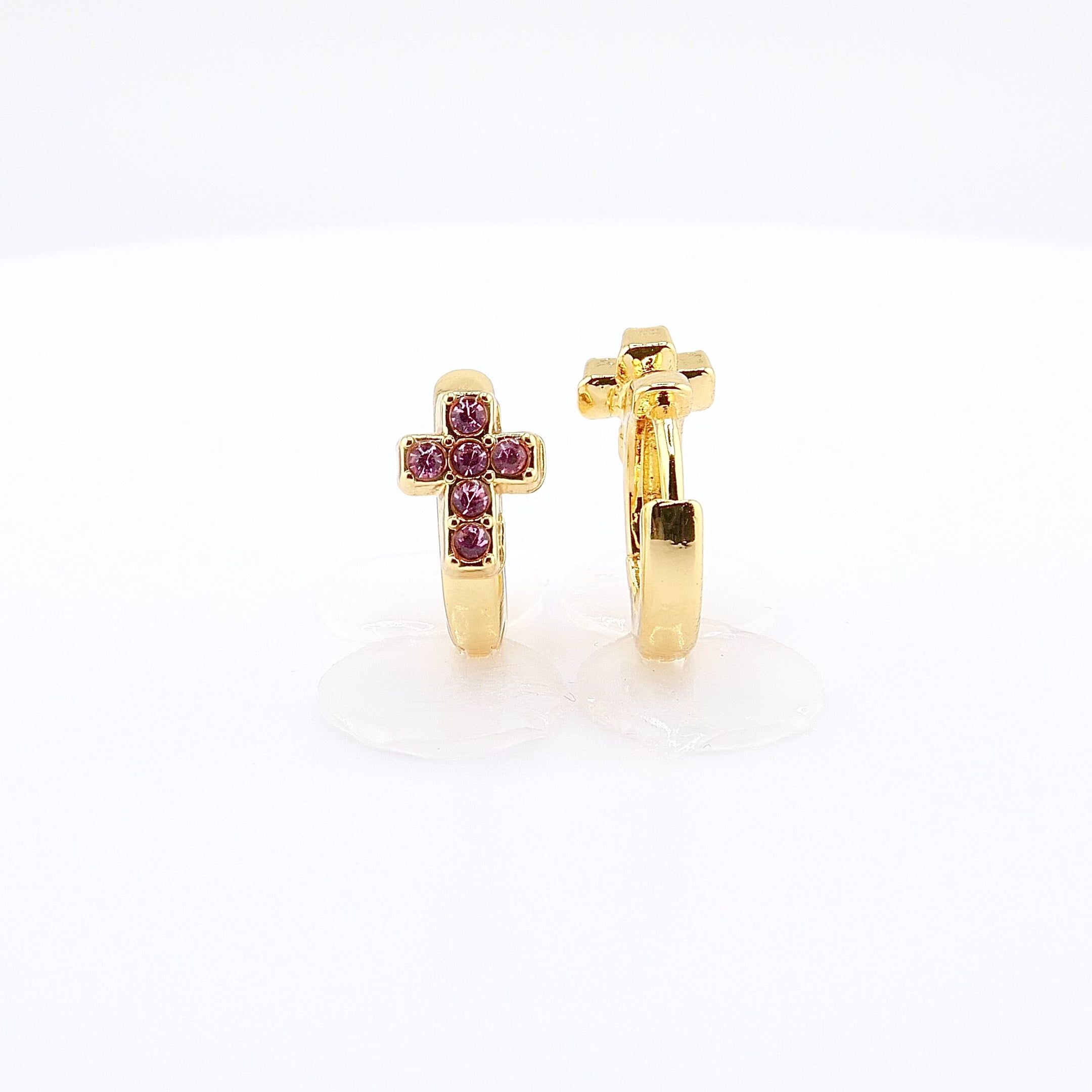 18K Gold Plated Kids Hoop Earrings | Pink Cross Huggie