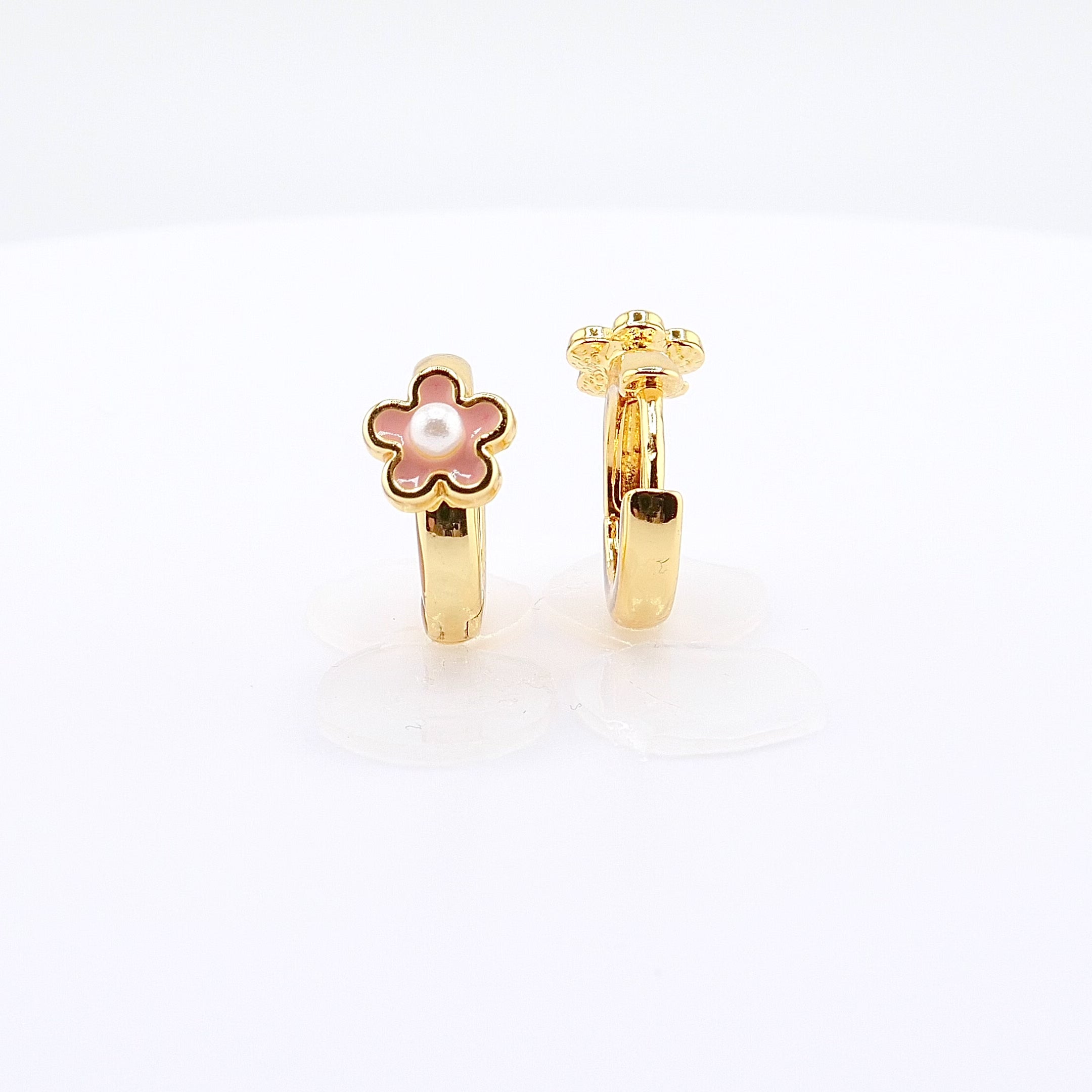 18K Gold Plated Kids Hoop Earrings | Pink Flower Huggie