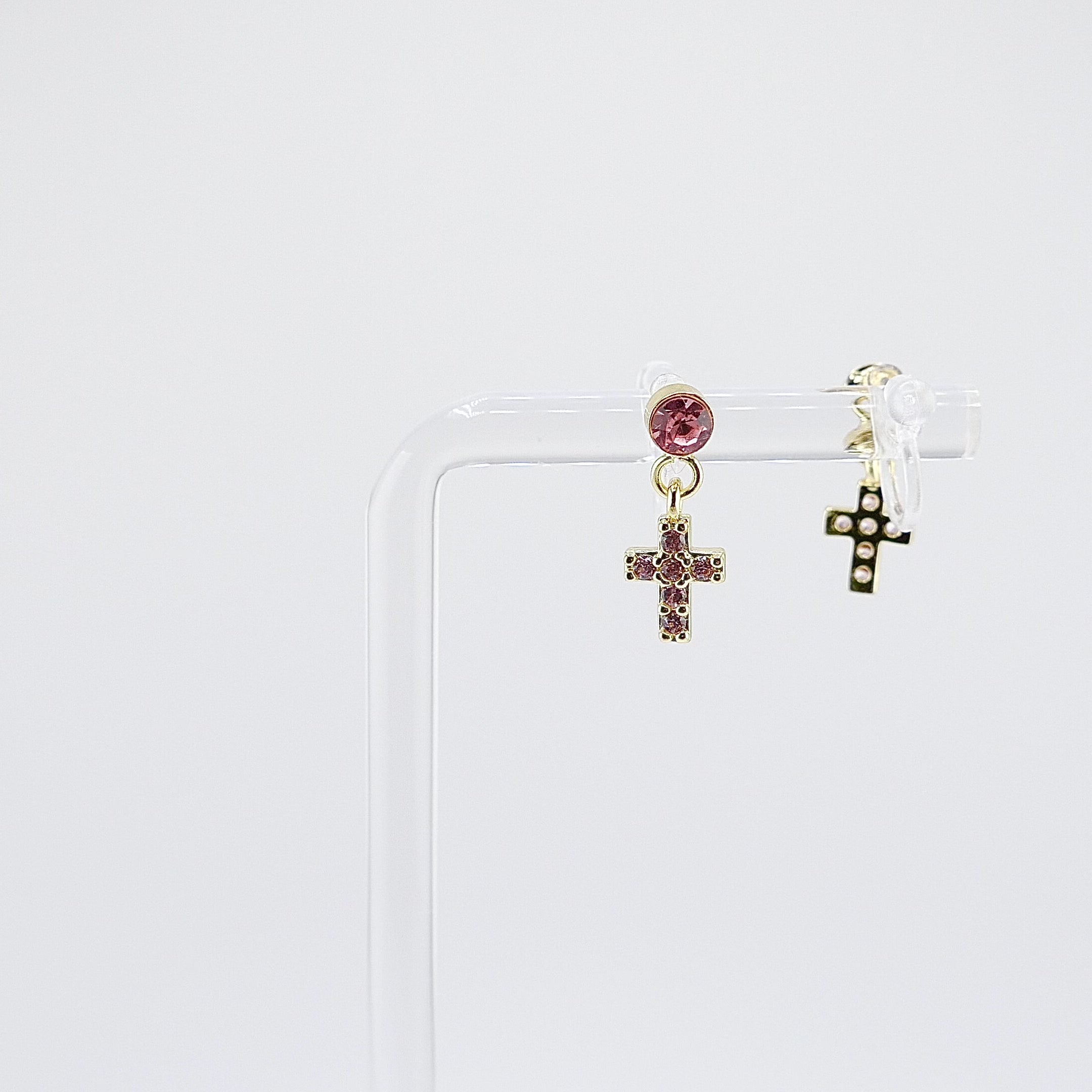 Kids Clip-On Dangle Earrings | Easter Cross with Pink CZ